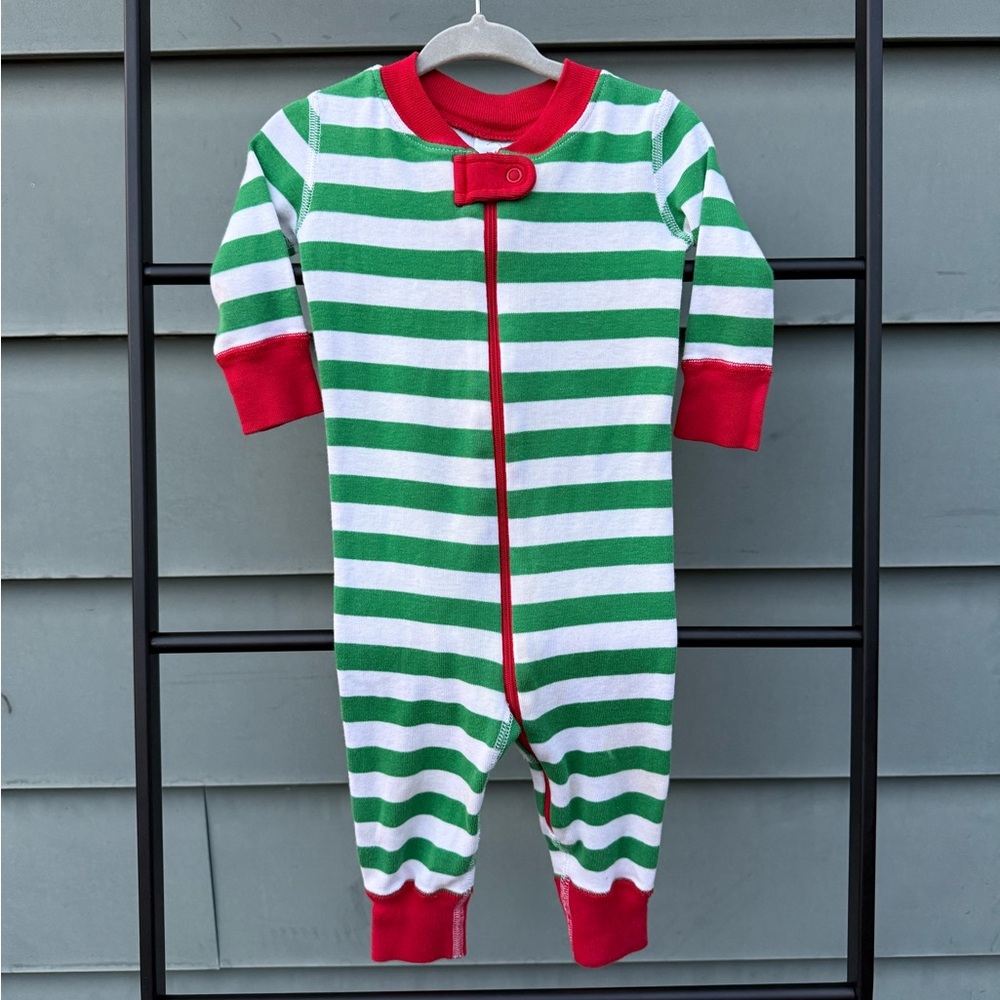 Hanna Andersson Green and White Striped Footie with Red Trim